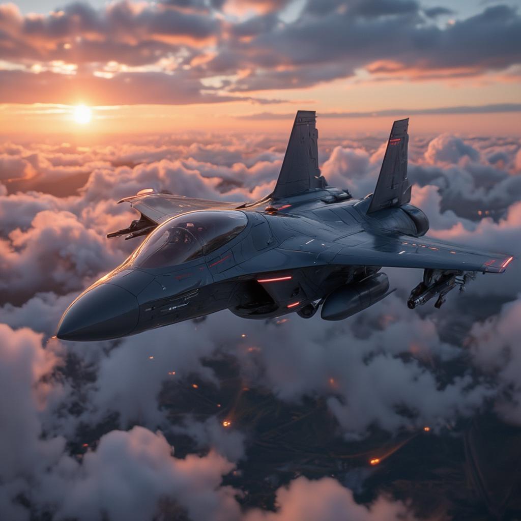 Sixth Generation Fighter: Future of Air Warfare: A futuristic sixth-generation fighter aircraft soaring through the sky, symbolizing the next generation of air dominance.