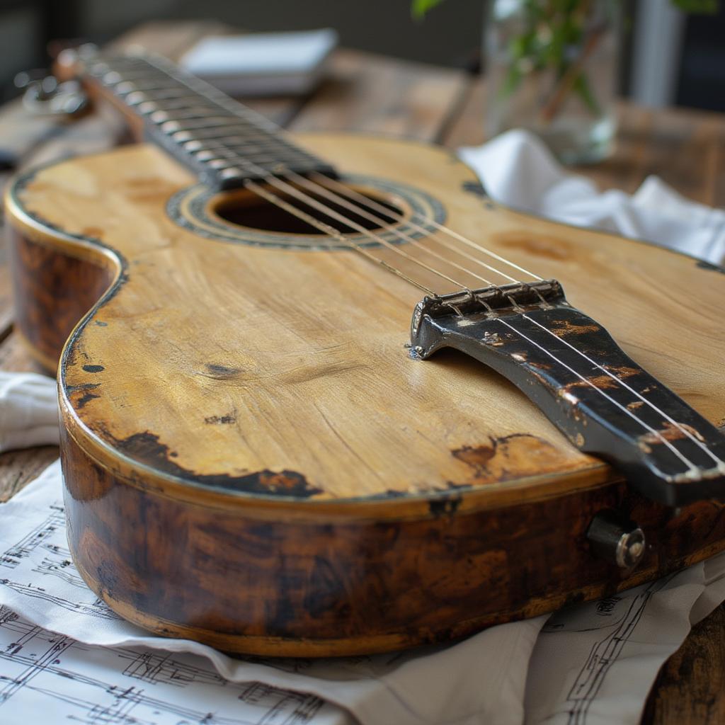 Acoustic guitar with sheet music and the words "slow pop rock" on the music