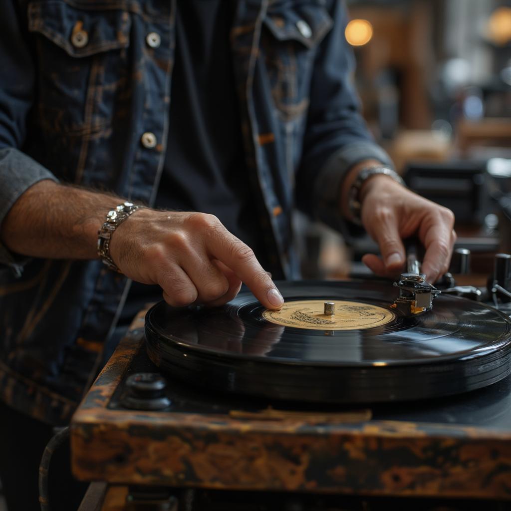 A close up photograph of a musician spinning records on a vintage record player