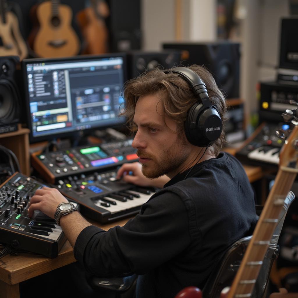 Musician crafting R&B beats in recording studio