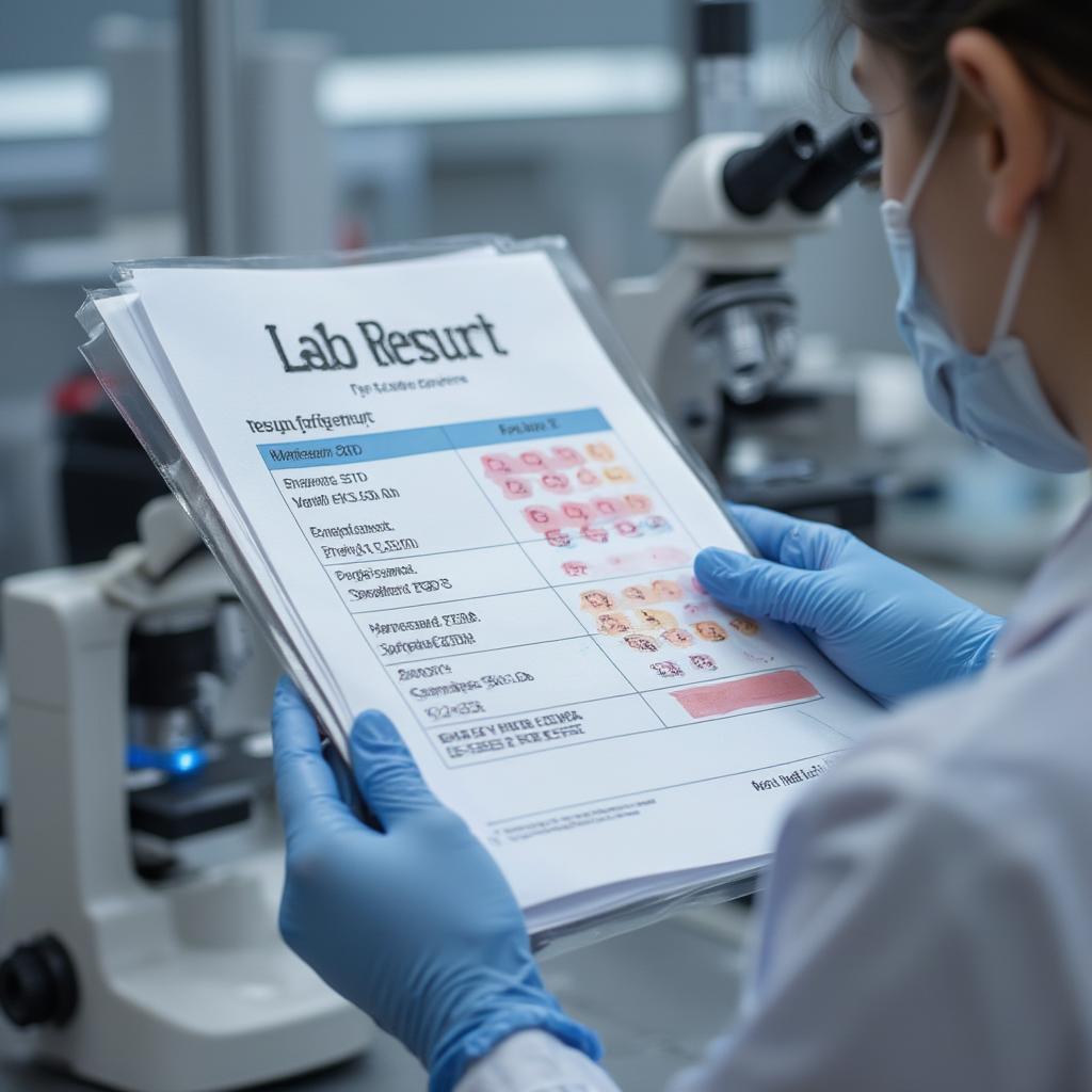 Close-up of STD lab results with a doctor analyzing them.