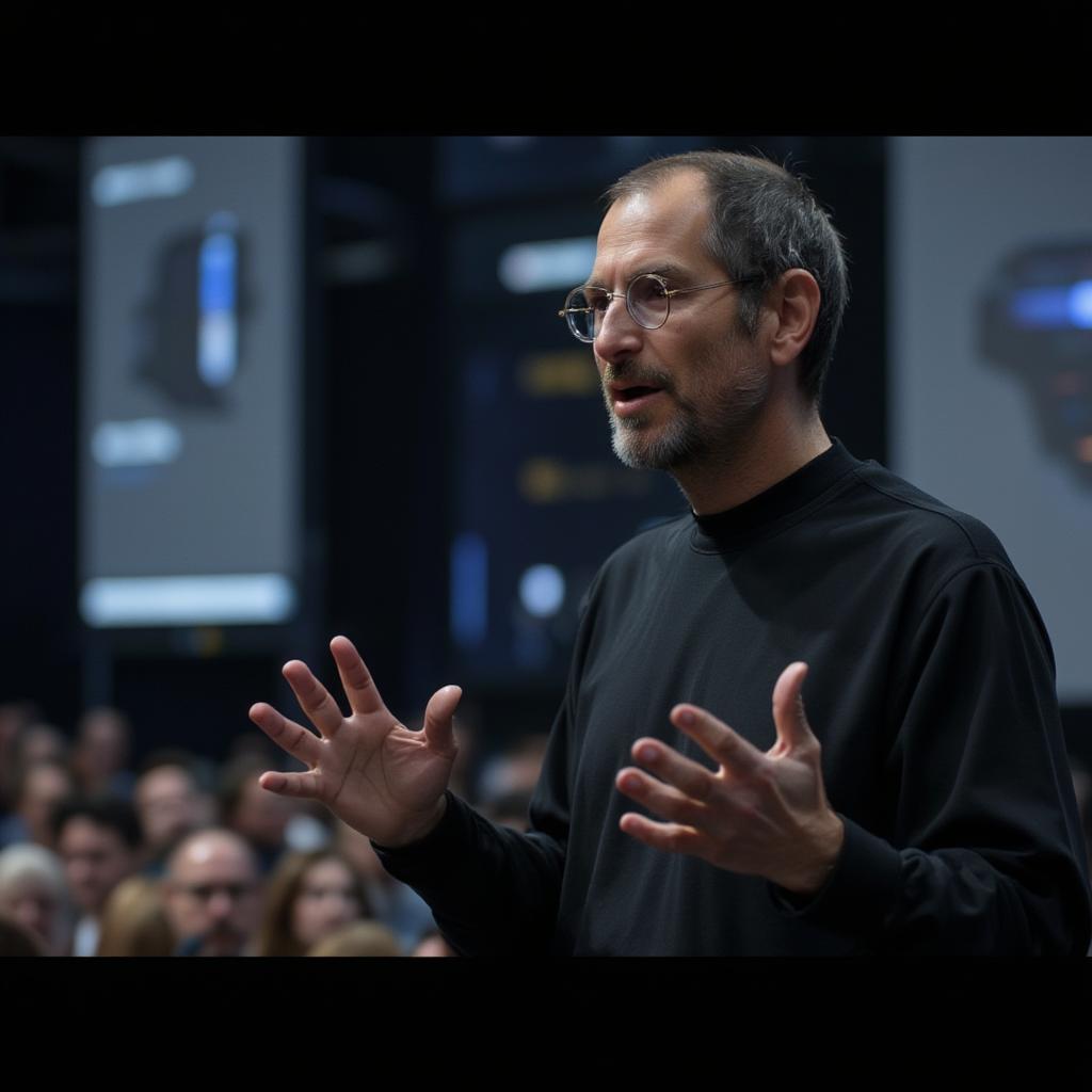 Steve Jobs presenting a new Apple product at a launch event