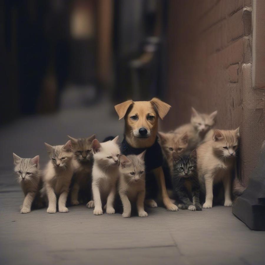 Stray Dog Protecting Kittens in Alleyway