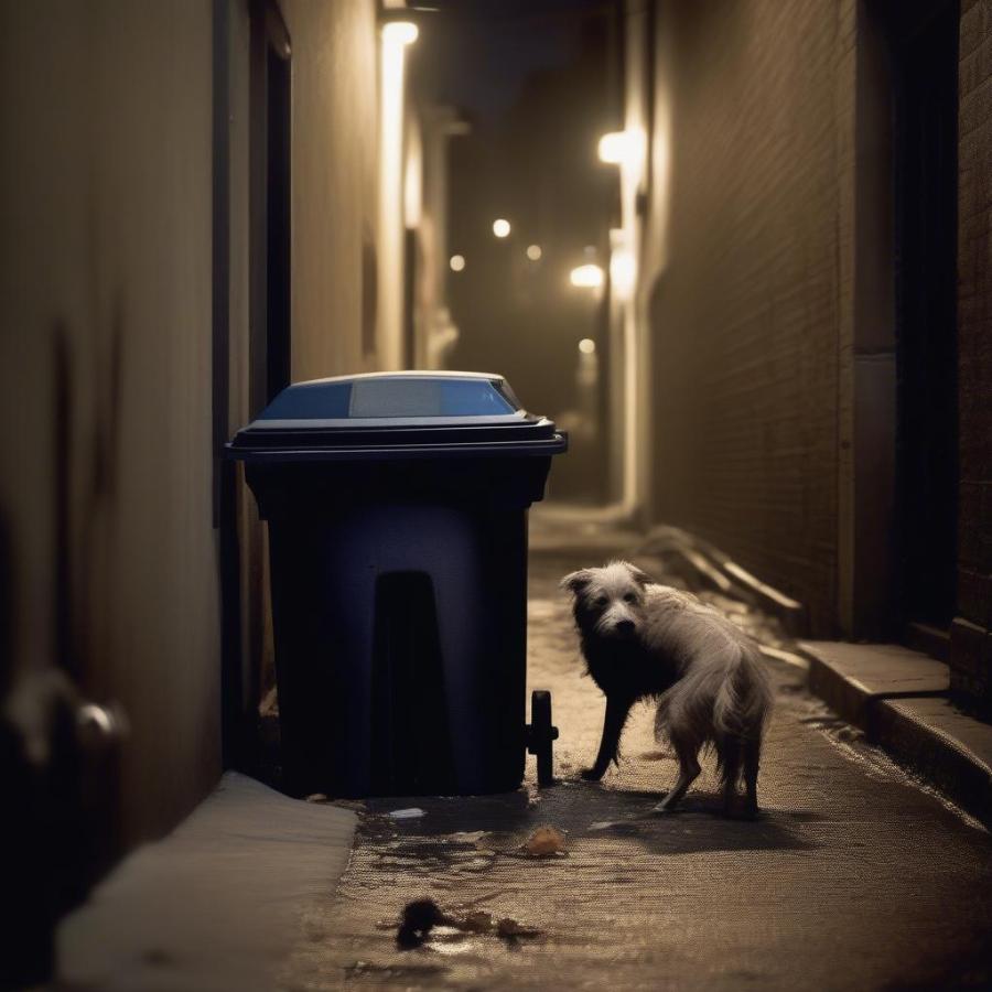 A stray dog searches for food in a trash can, highlighting the hardships of stray life