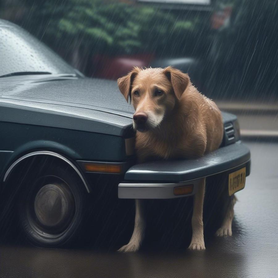 A stray dog seeks shelter from the rain under a parked car, demonstrating their resourcefulness in finding protection from the elements.