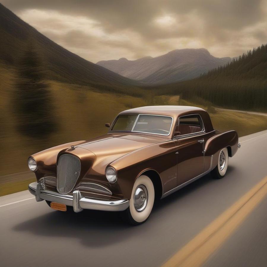 Studebaker Golden Hawk cruising down a scenic road