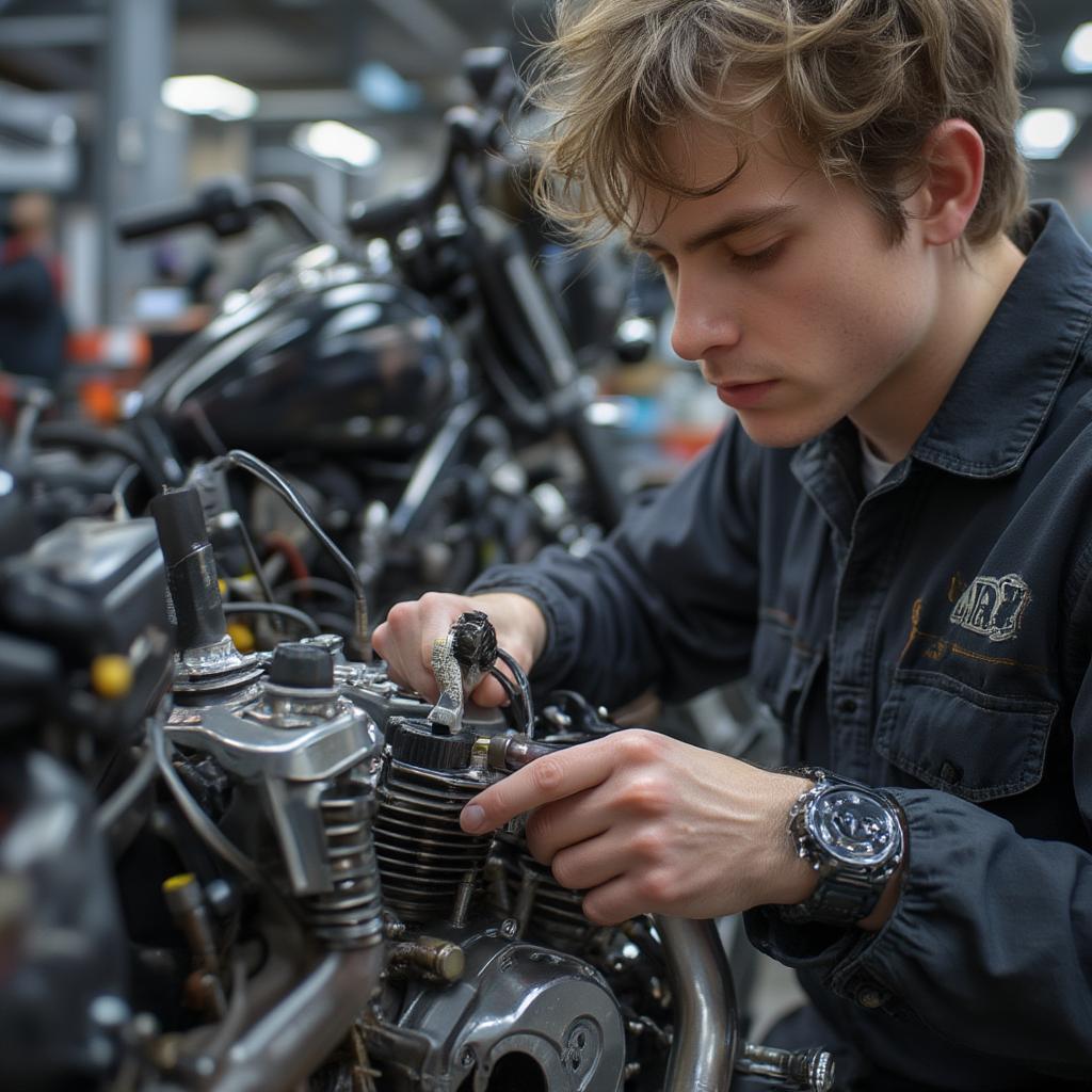 a student focused working on a motorcycle engine