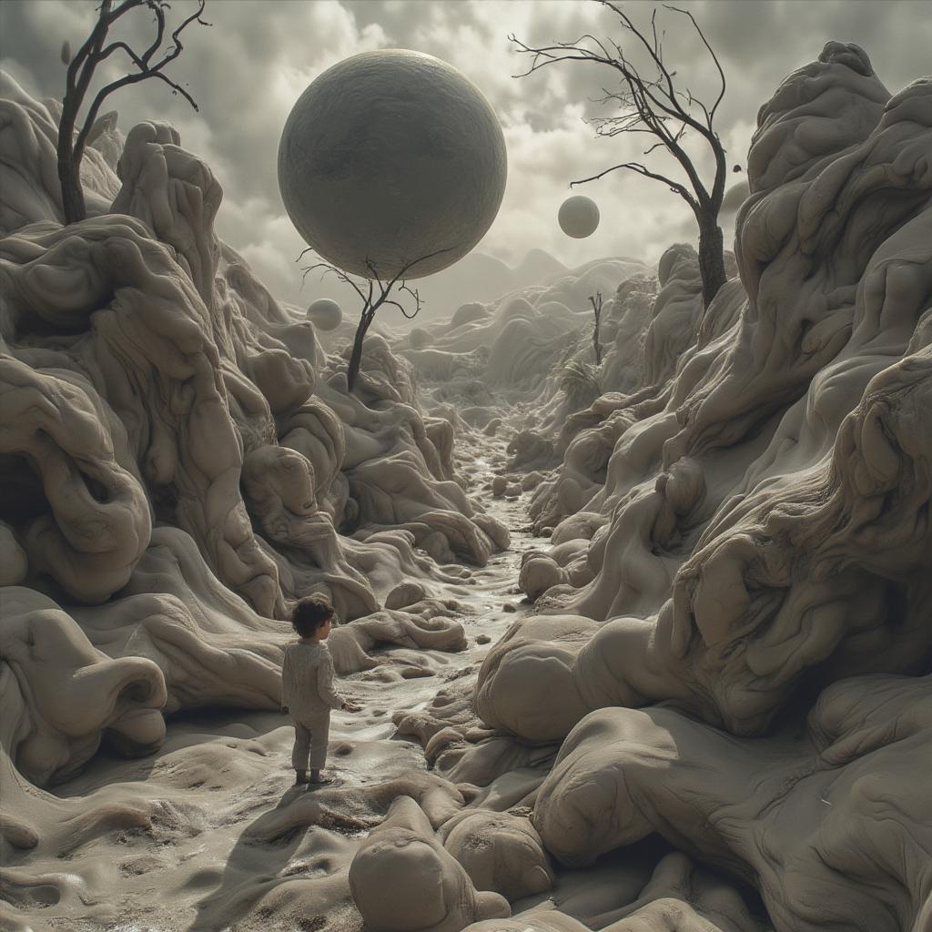 A still from a surreal horror film, depicting a bizarre, dreamlike landscape, eliciting feelings of unease and dread