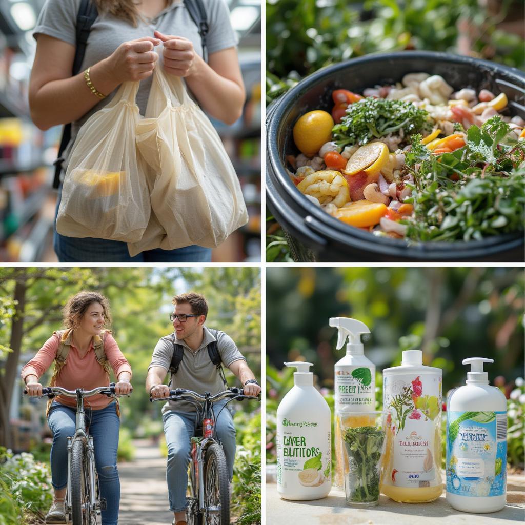 Examples of sustainable living: using reusable bags, composting food scraps, cycling, and choosing eco-friendly products.