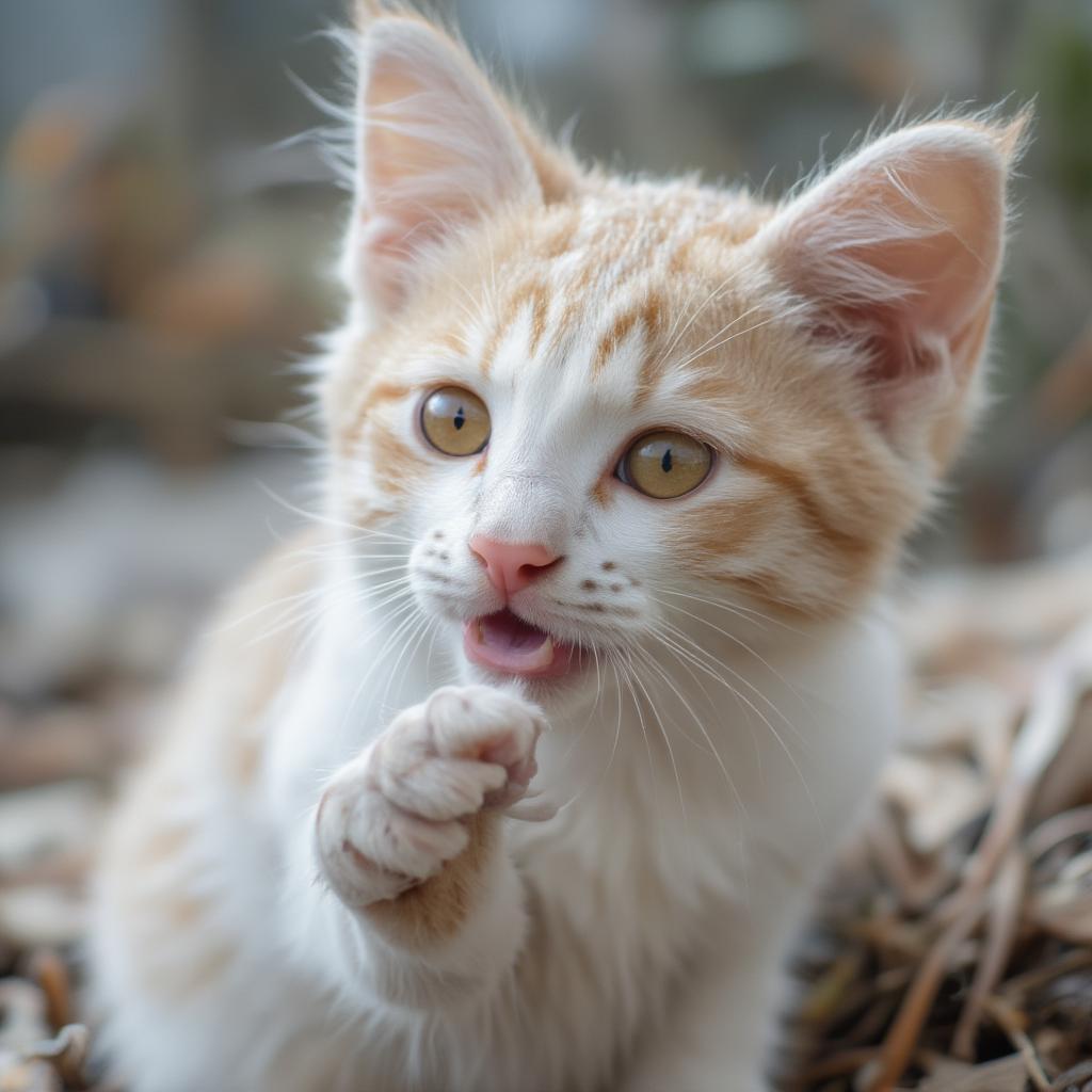 cat licking paw with pink nose and whiskers