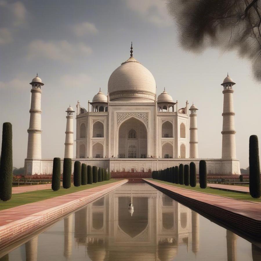 The Taj Mahal in India, a breathtaking example of Mughal architecture, shimmering in the morning light.