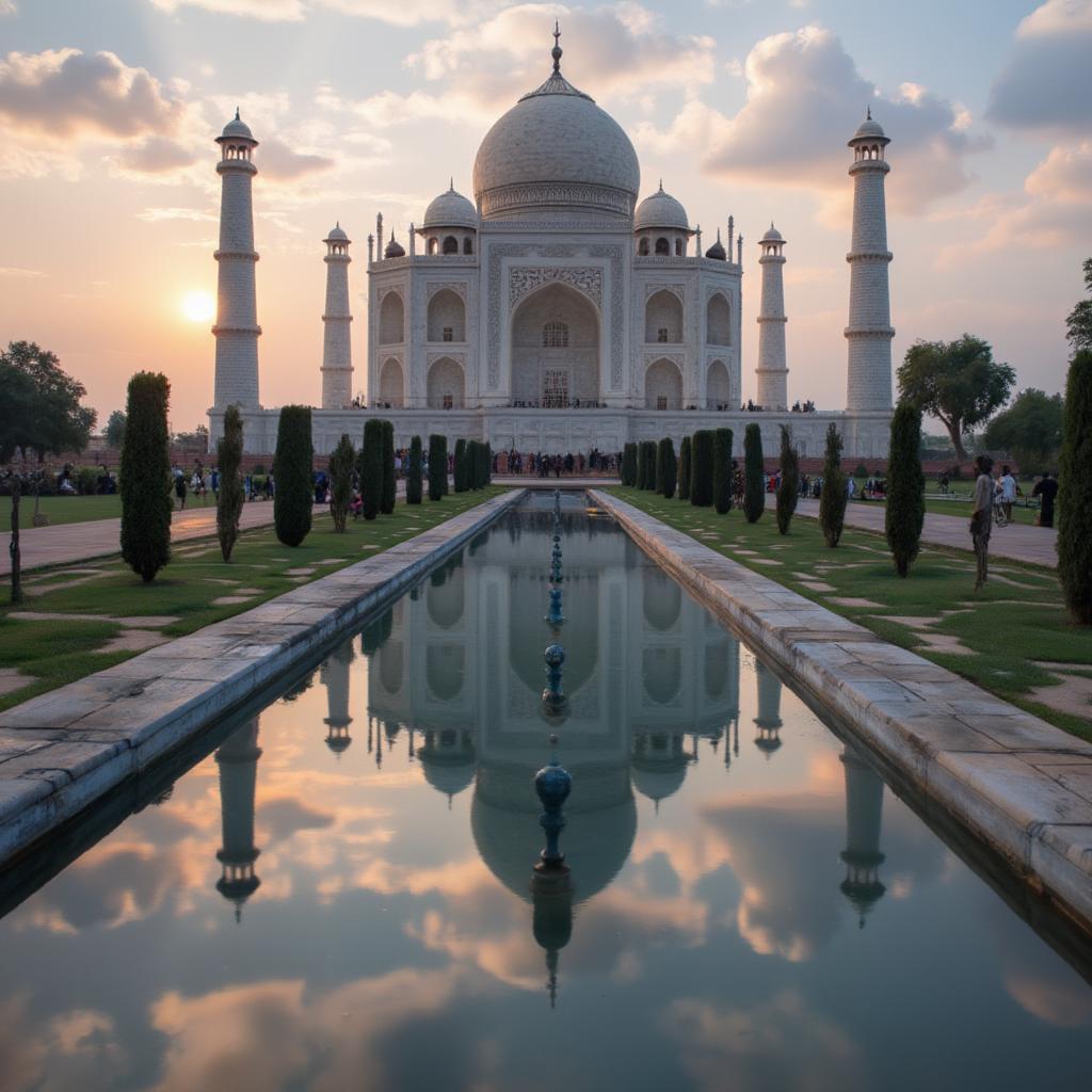 The Taj Mahal reflecting in a pool at sunset