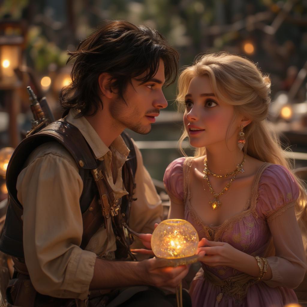 Tangled Lantern Scene Close-up: Rapunzel and Flynn gaze at each other, surrounded by glowing lanterns, their faces reflecting the magical light.