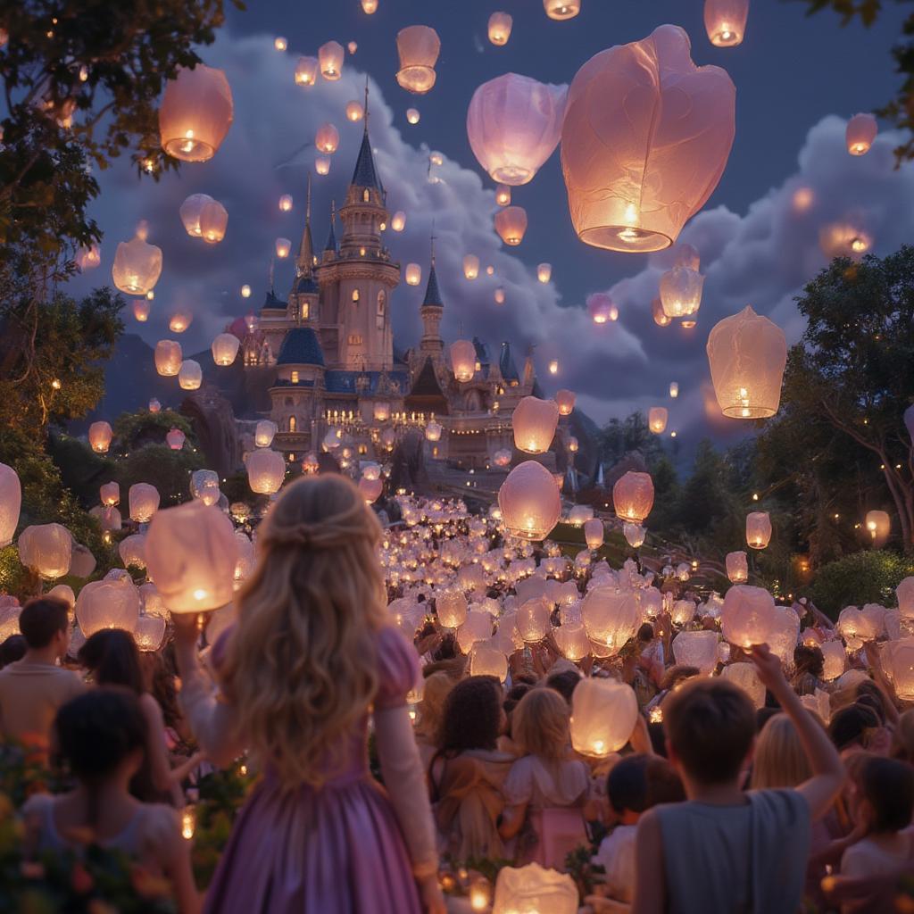 Tangled Lantern Scene Kingdom View:  The lanterns rise above the kingdom, viewed from the castle, showcasing the scale and magic of the event.