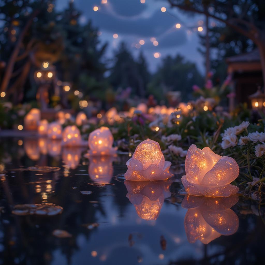 Tangled Lantern Scene Reflection: The lanterns reflect on the water, creating a mirrored image of the sky above, adding to the scene's magical atmosphere.