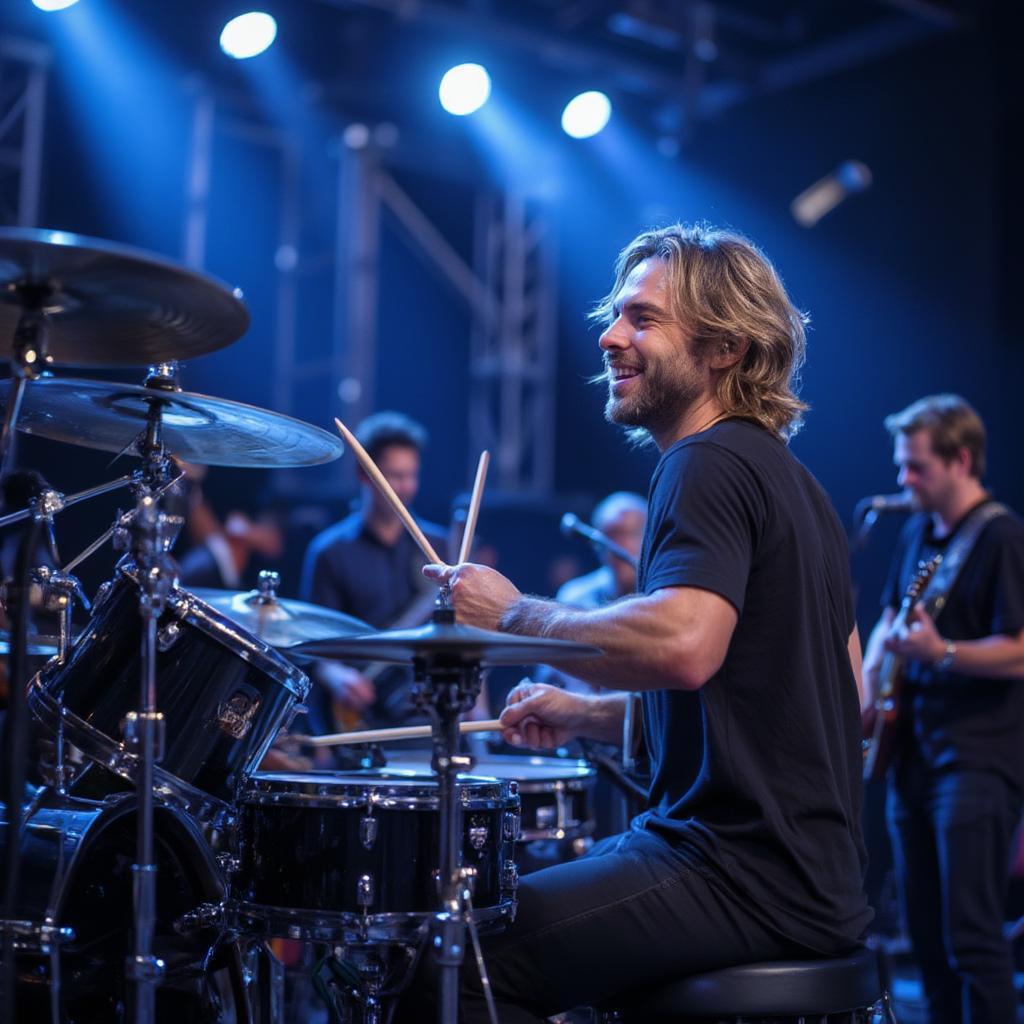 taylor hawkins smiling drummer on stage