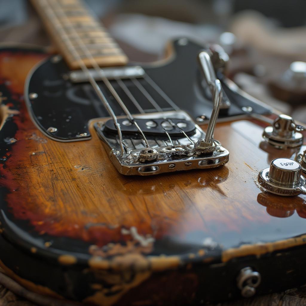 A detailed shot of the bridge and pickups of a Telecaster guitar