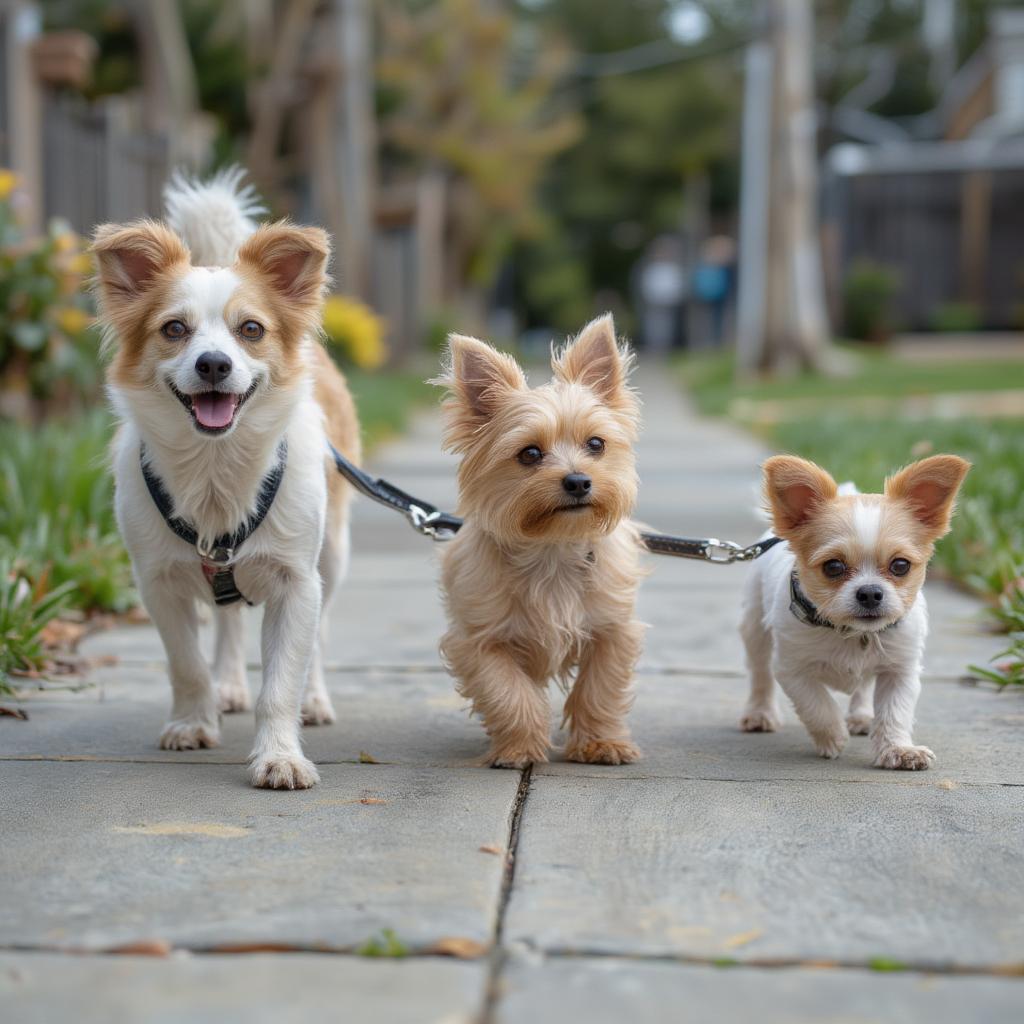 three little dogs walking together on a leash