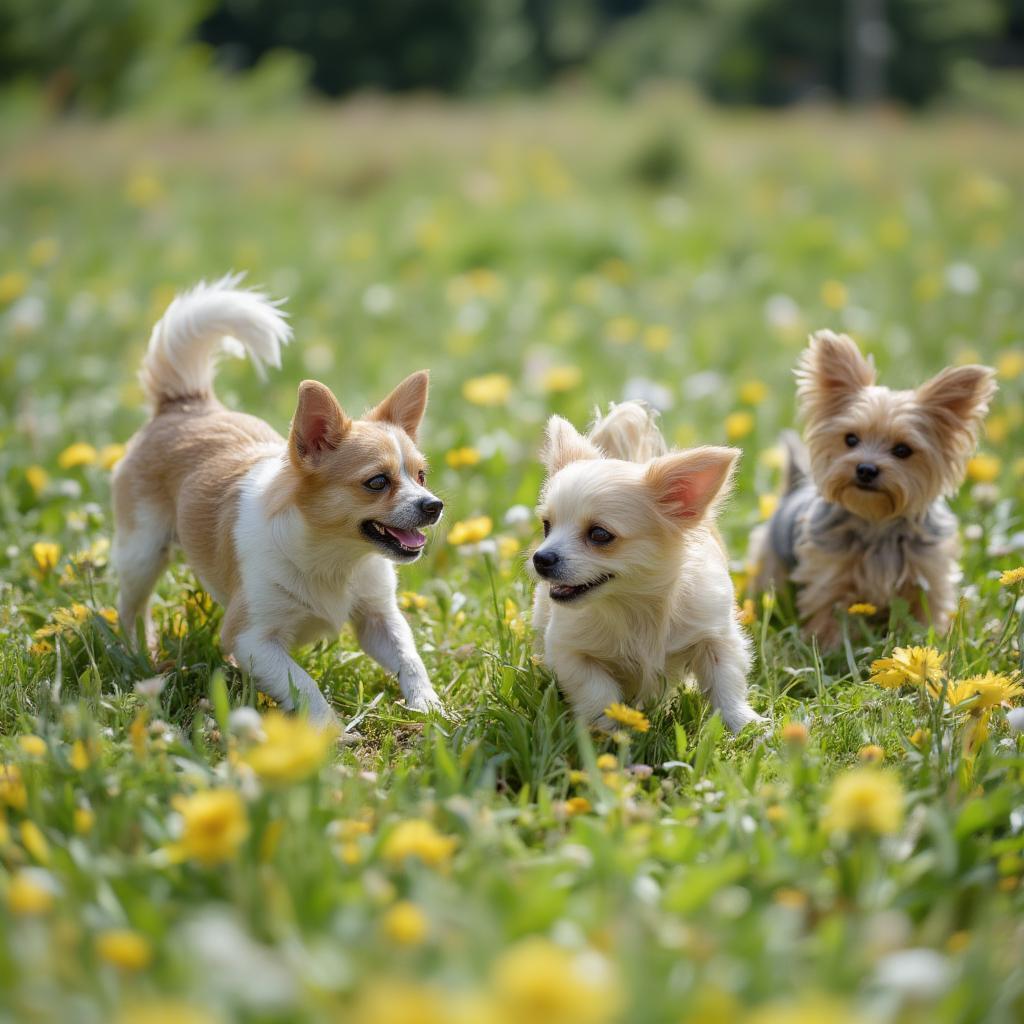 three small dogs playing together in a grassy field