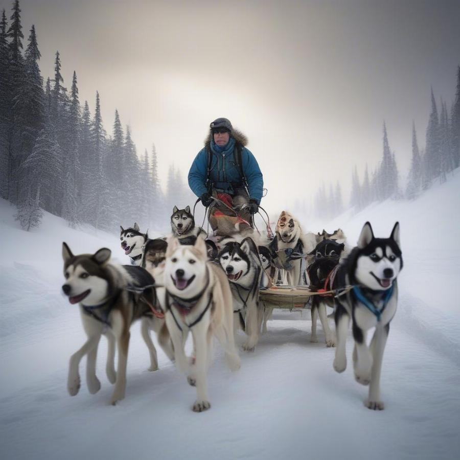 Togo and Seppala braving the harsh Alaskan wilderness during the 1925 serum run to Nome