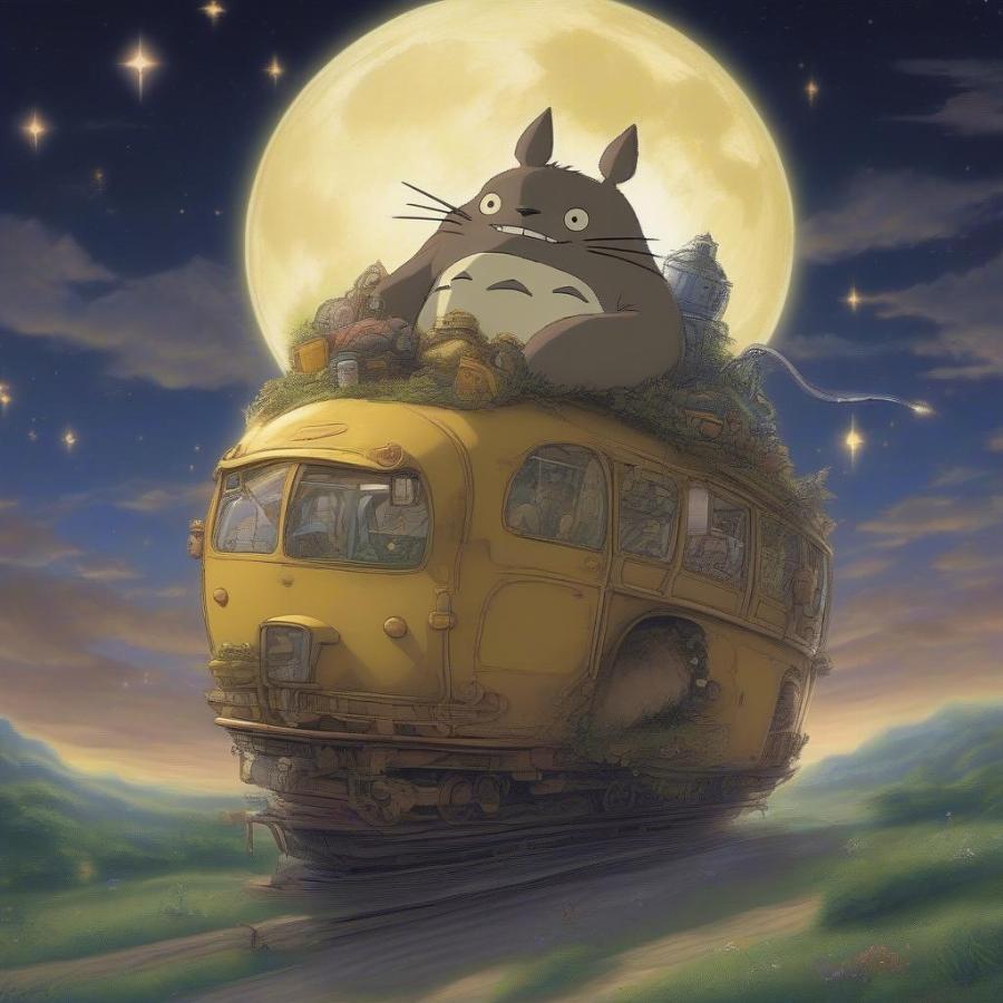 Totoro and the Catbus on a magical night journey