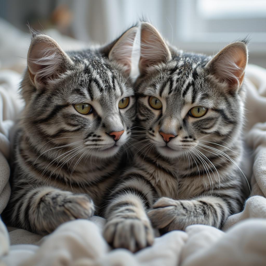 Two Grey Tabby Cats Cuddling Together