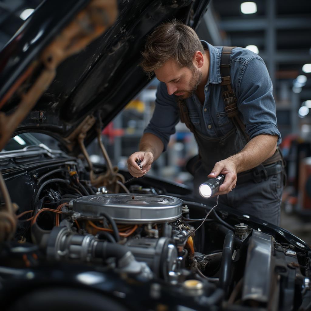 man-inspecting-vintage-car