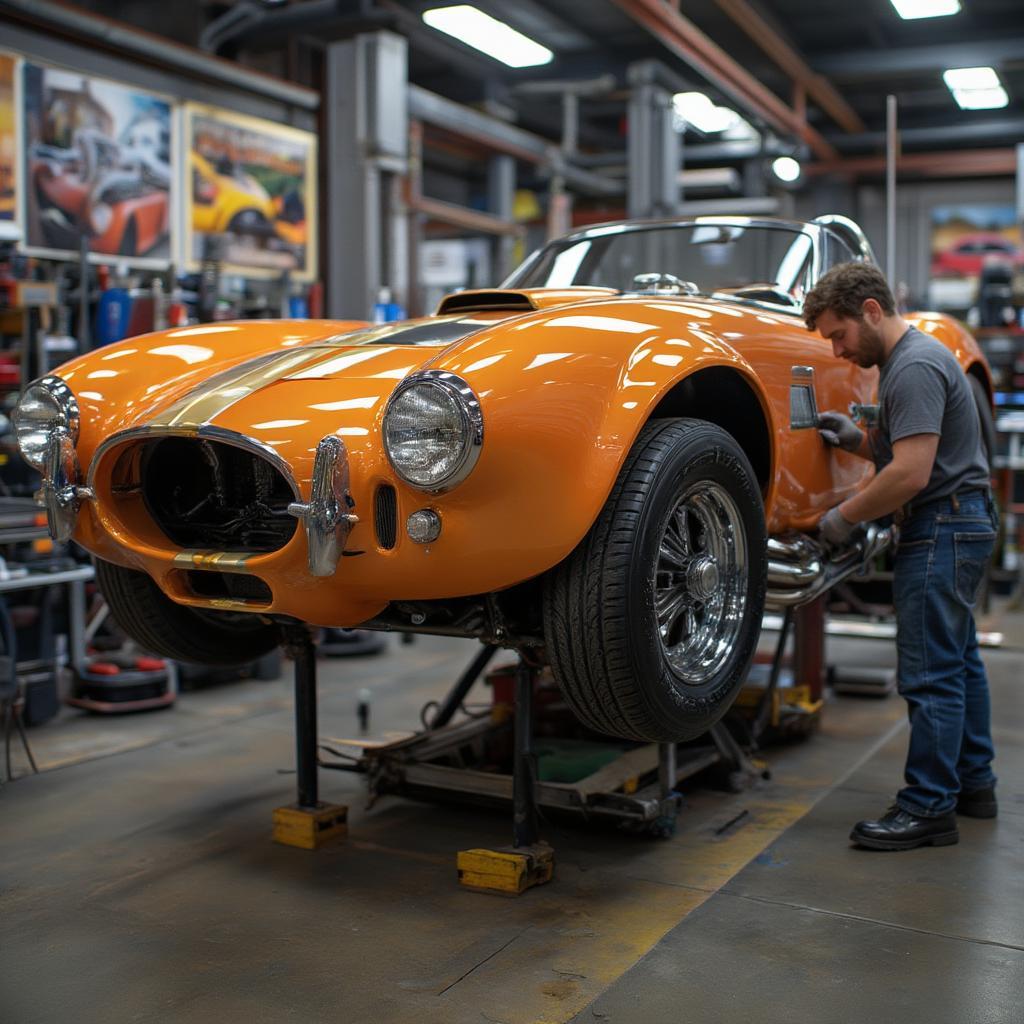 Unique Car Undergoing Maintenance in a Specialized Garage