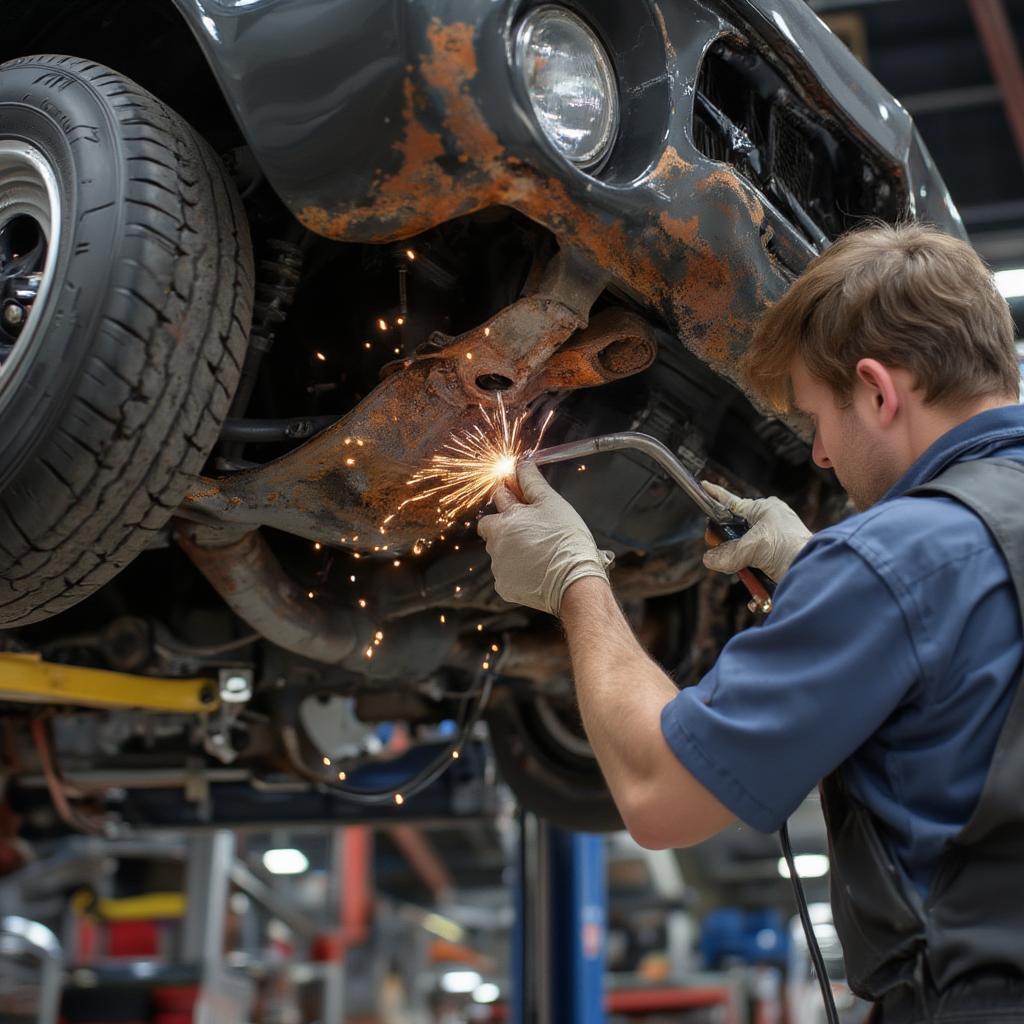 Undercarriage of a used AMC AMX undergoing rust repair