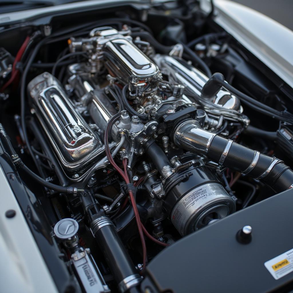 Close-up view of a powerful V8 engine in a supercar