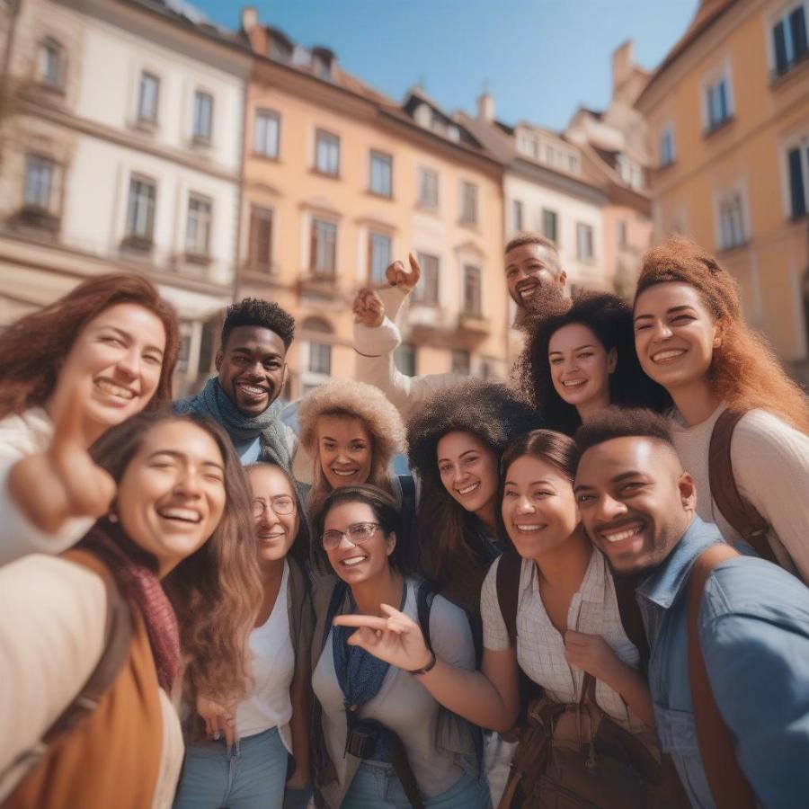 Group of tourists enjoying a Veena World tour in Europe