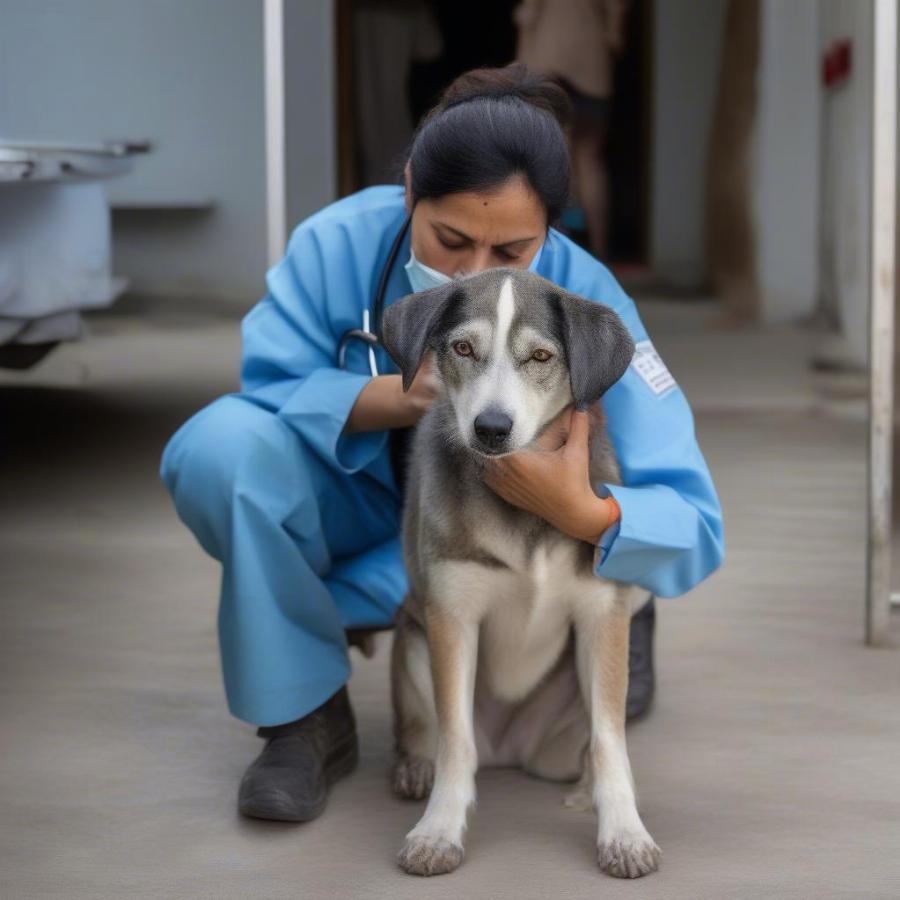 A veterinarian examines a rescued stray dog, highlighting the importance of medical care in improving the well-being of these animals.