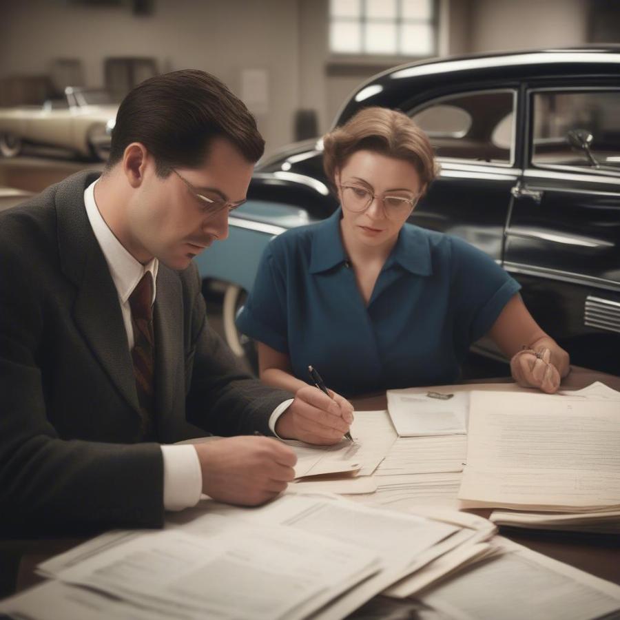 Reviewing Vintage Car Documents with Dealer