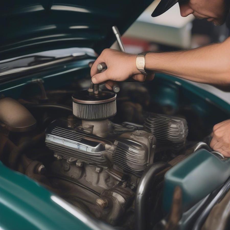 Expert Inspecting a Vintage Car's Engine