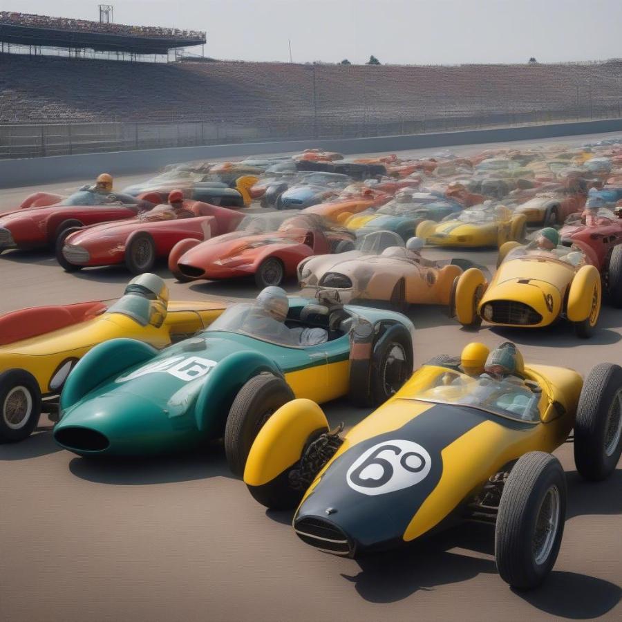 Vintage Race Cars Lined Up on Track