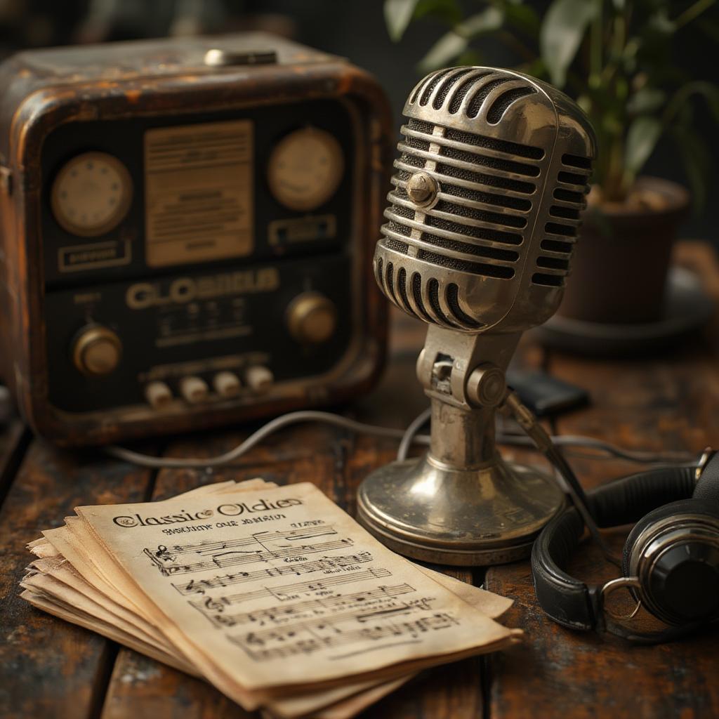 Vintage Radio Microphone and Oldies Sheet Music