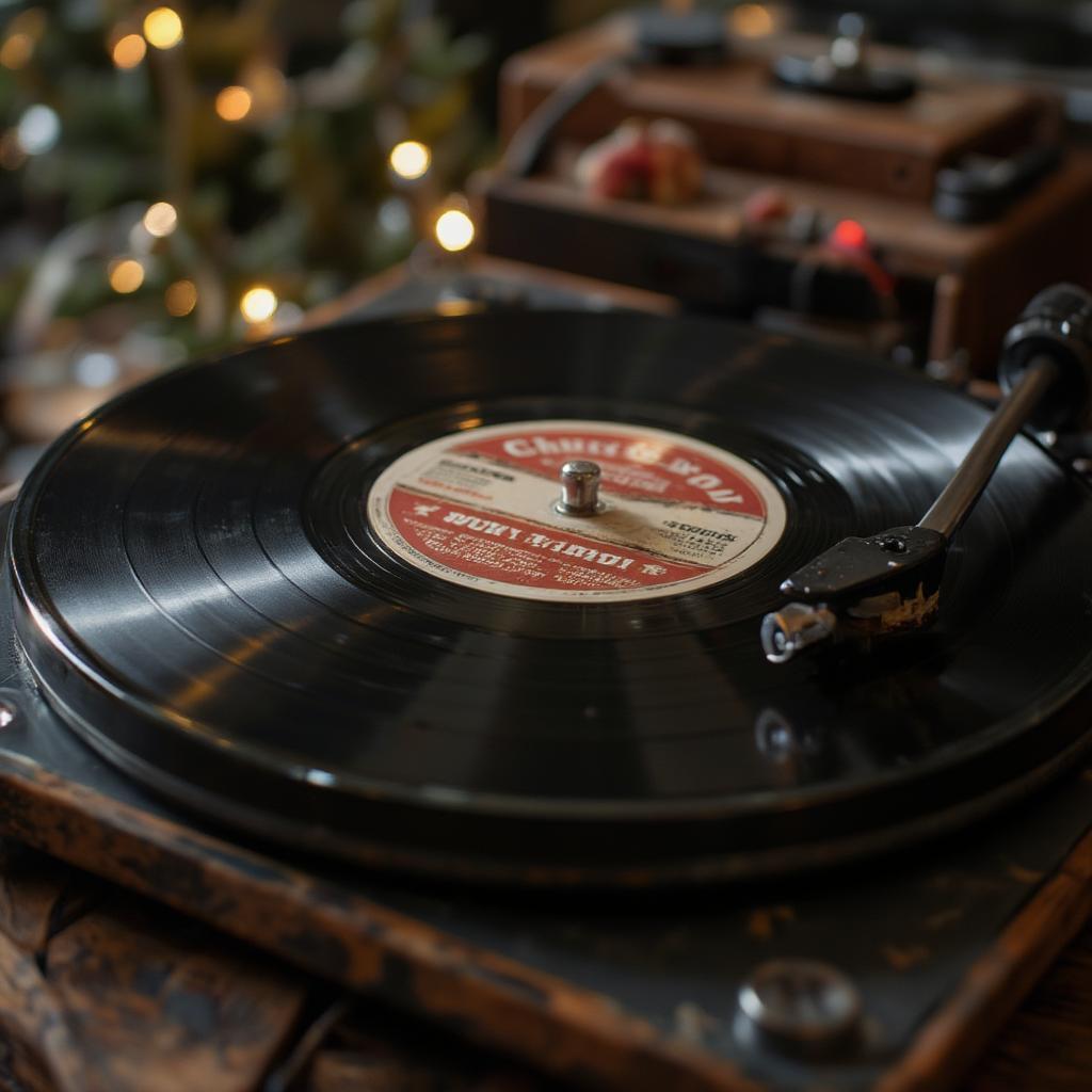 Vintage record player spinning a Chuck Berry Christmas album