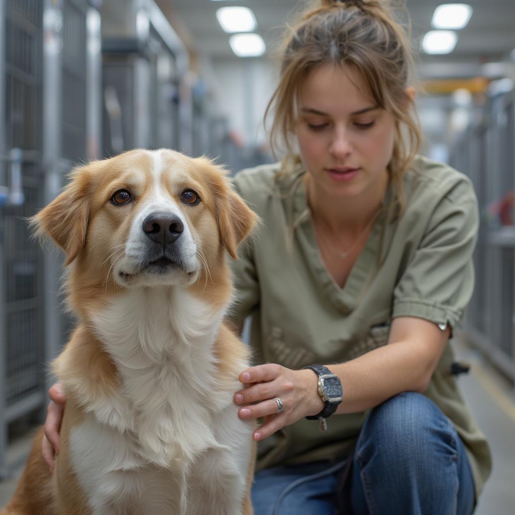 Volunteer comforting a rescued dog at a shelter in 2022