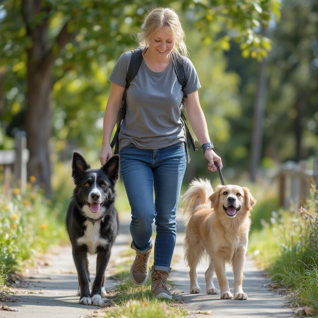 Volunteer walking dogs on a sunny day