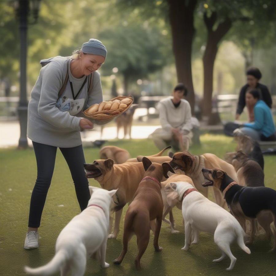 A volunteer feeds a group of stray dogs, demonstrating the compassion and care shown by individuals who help these animals.