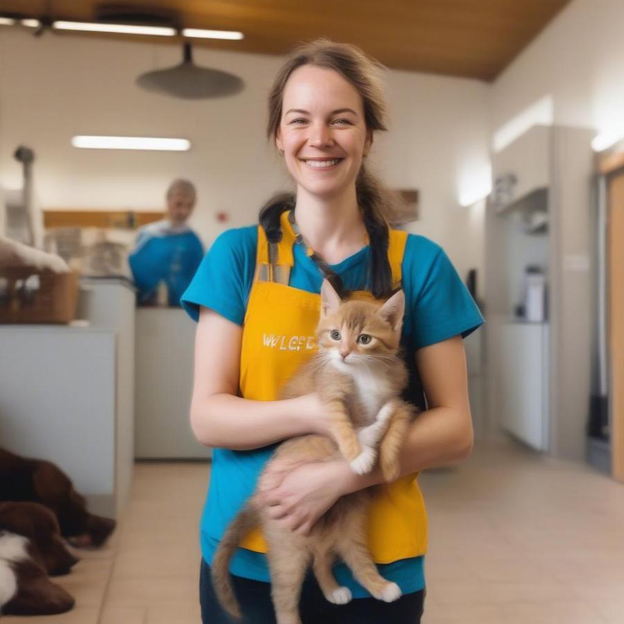 Volunteer Holding Kitten and Dog