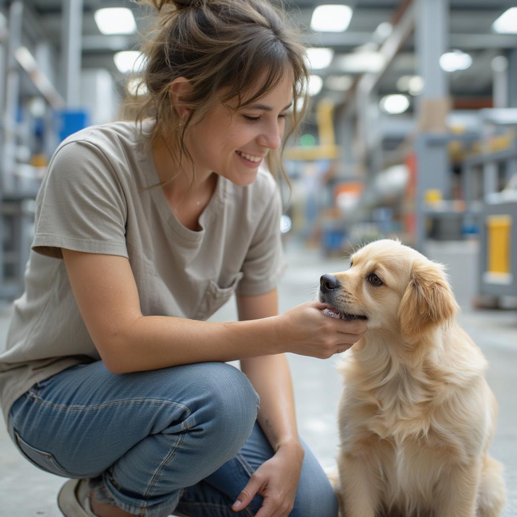 Volunteer playing with a dog at Battersea Shelter