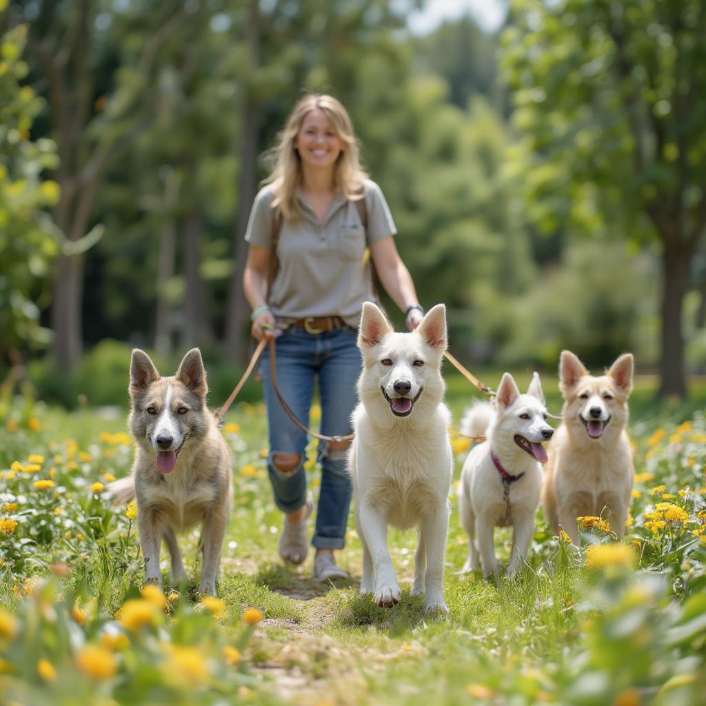 Volunteer Walking Rescued Stray Dogs in a Park