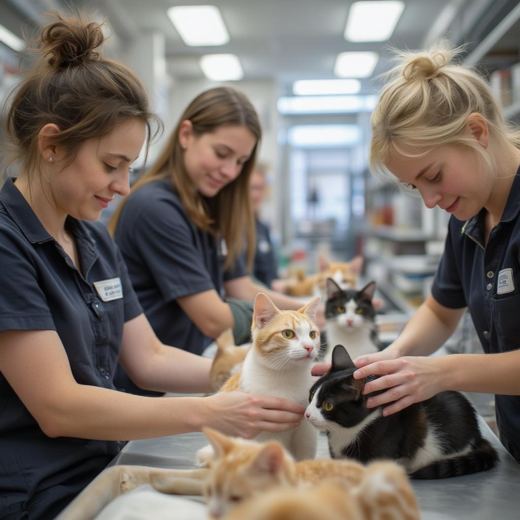 Volunteers petting cats in shelter