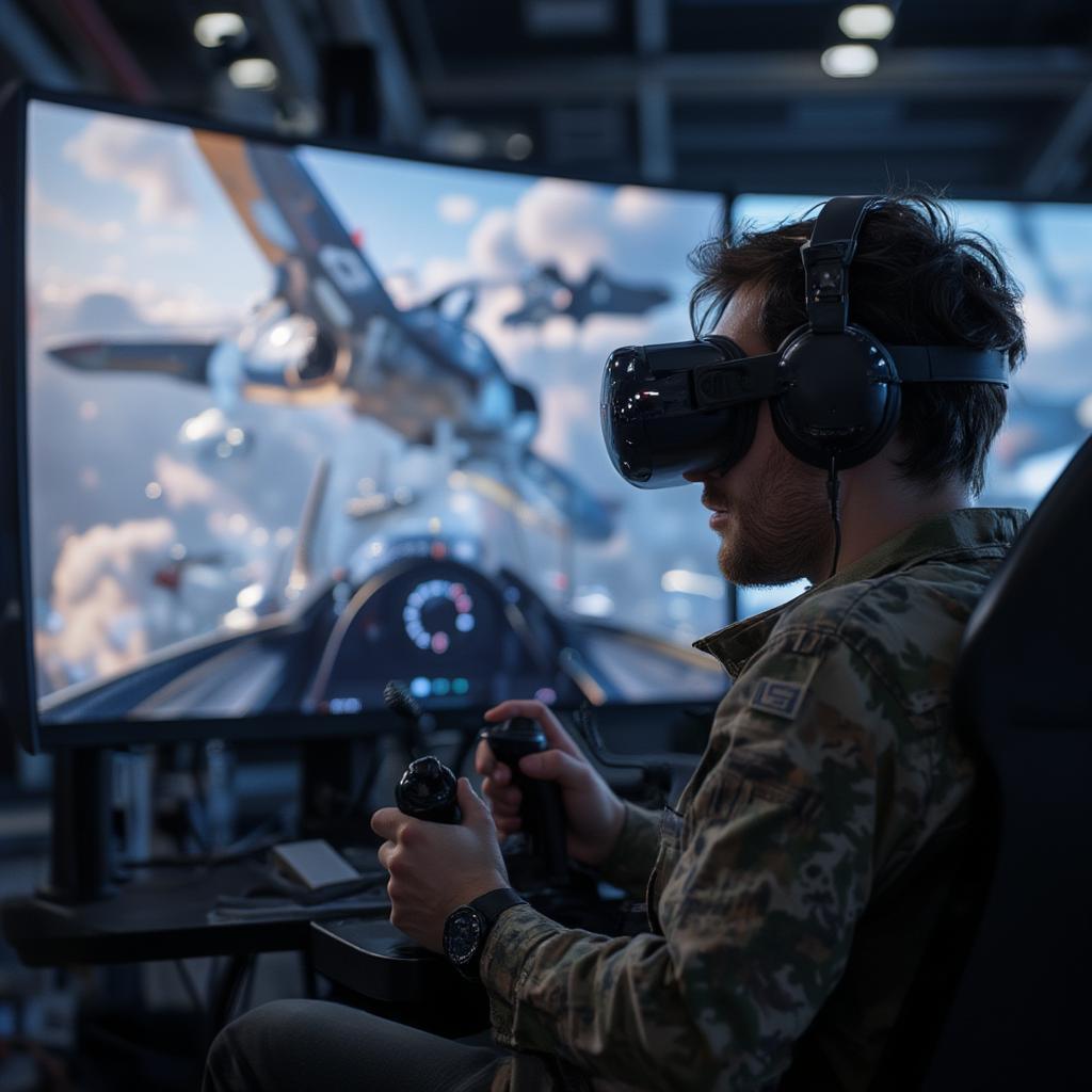 VR Pilot Immersed in a Dogfight Simulation Experience