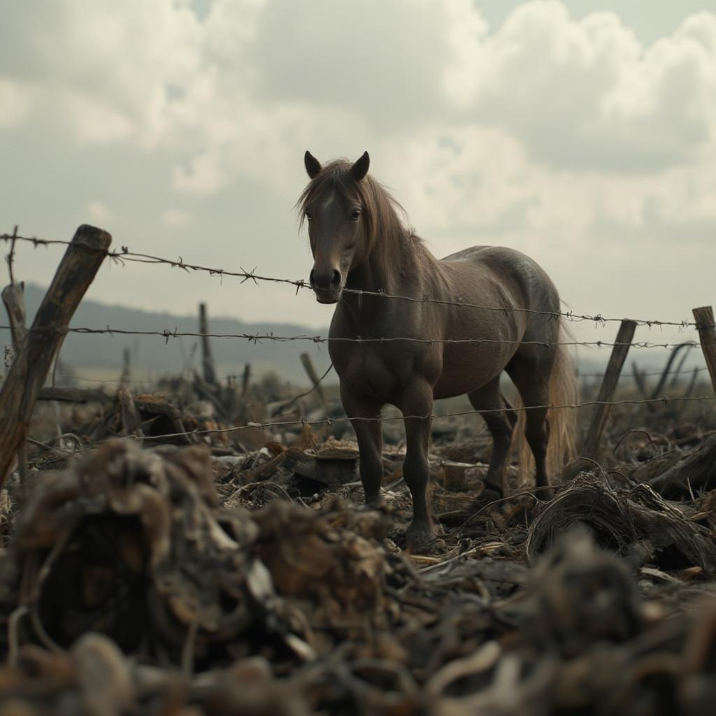 War Horse tangled in barbed wire in WWI setting