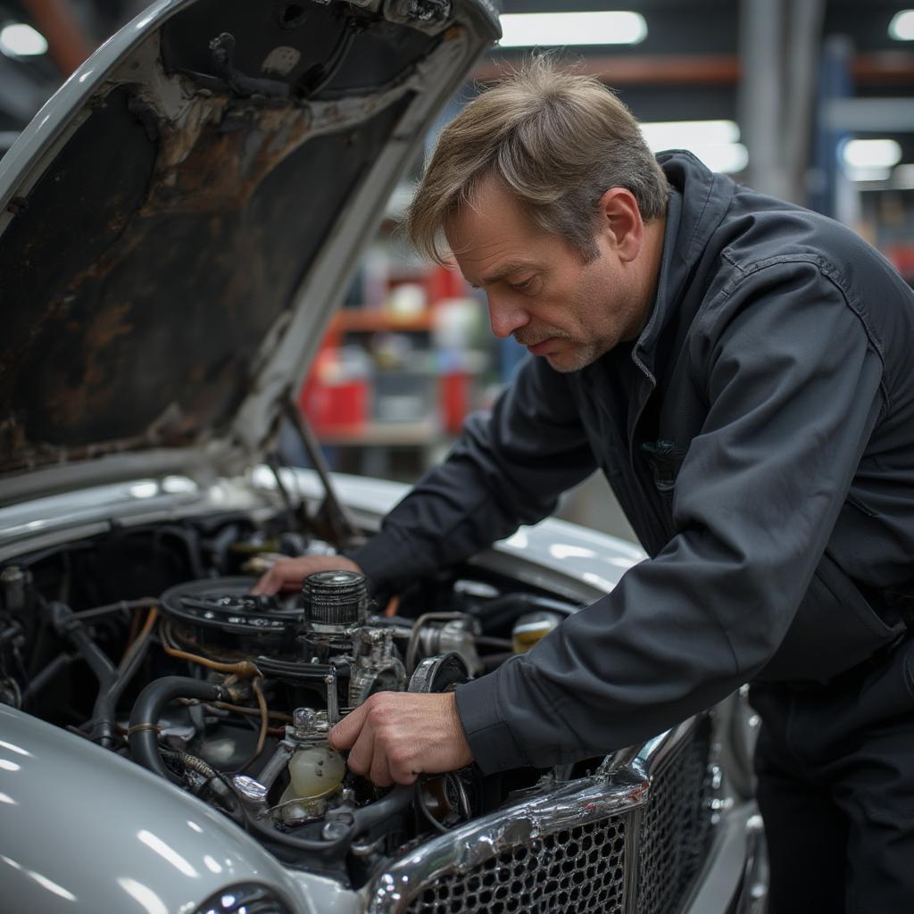 Wayne Carini Examining a Classic Car Engine