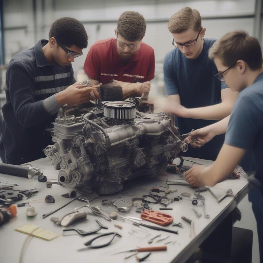 Students learning engine repair in a weekend mechanic class