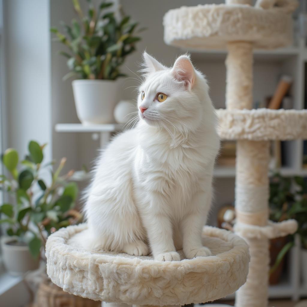 white-fluffy-cat-sitting-in-cat-tree