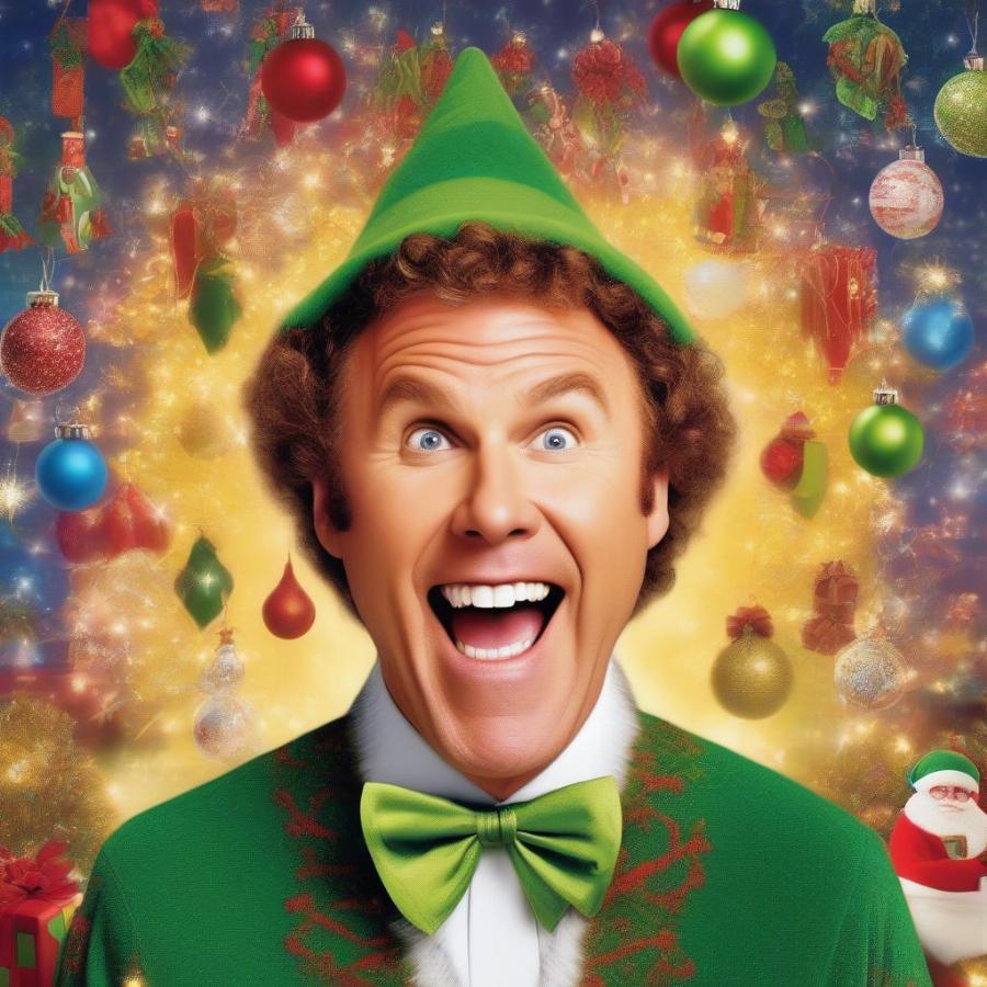 Will Ferrell Dressed as Buddy the Elf in a Christmas Scene